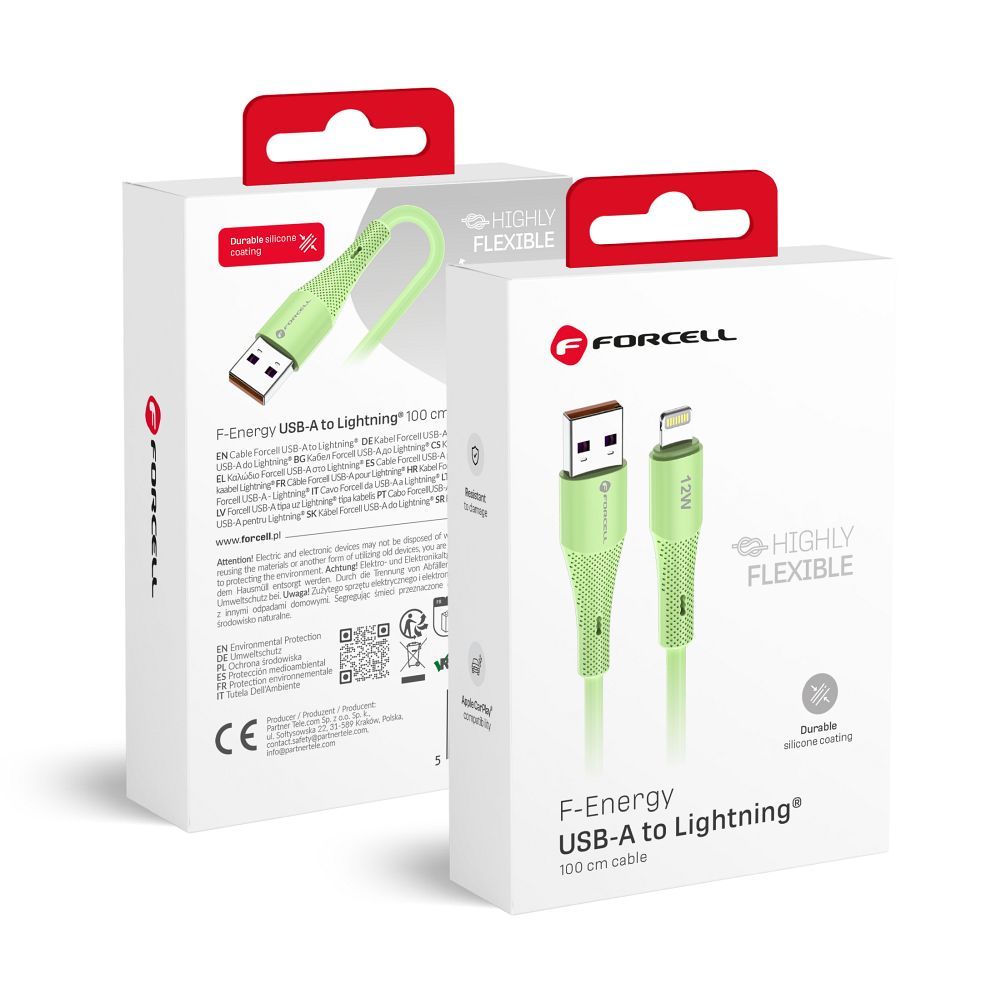 Kaapeli USB A - Lightning Forcell F-Energy 2,4A 12W Silikoninen 1 m C343 vihreä