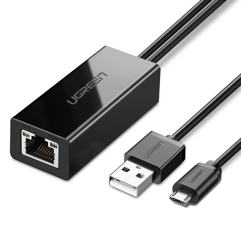 Ugreen 30985 ulkoinen verkkokortti Chromecastille, micro USB / USB-A -liittimillä, 100 Mb/s, 1 m, musta