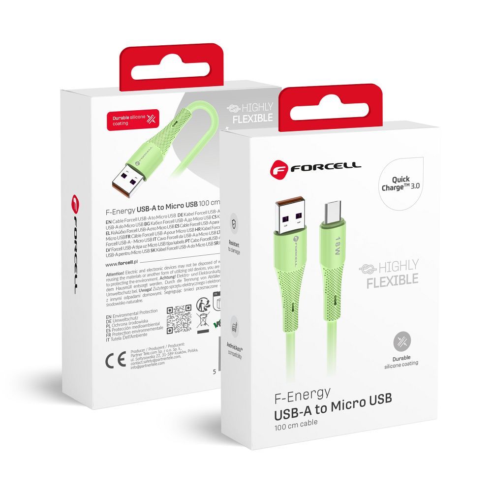 Kaapeli USB A - Micro USB Forcell F-Energy QC3.0 2,4A 18W Silicone 1 m C341 vihreä