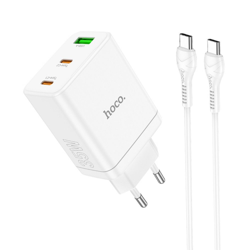 Puhelinlaturi Hoco 2 x USB C + USB A QC3.0 PD 3A 35W + kaapeli USB C - USB C N33 valkoinen