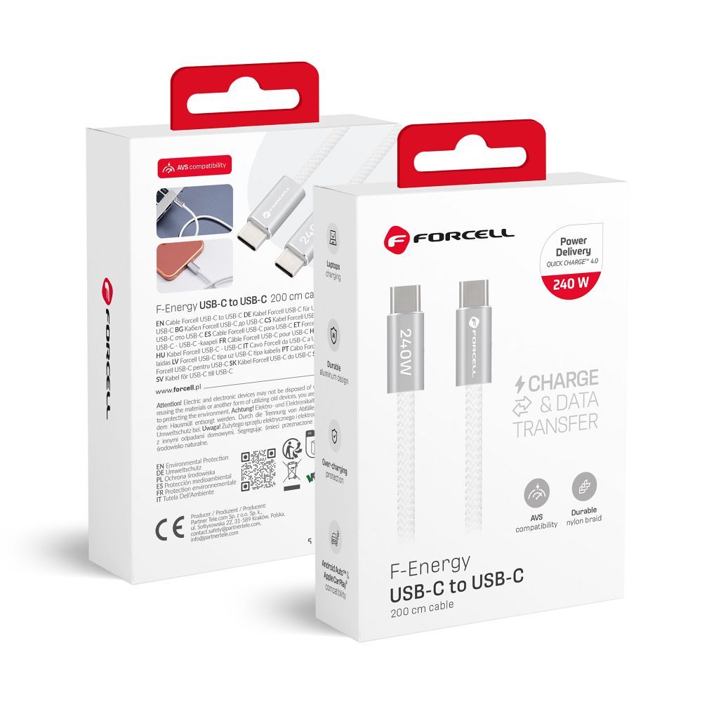 Kaapeli USB-C - USB-C Forcell F-Energy QC4.0 PD 5A 240 W Cafule Color 2 m CBN1 valkoinen