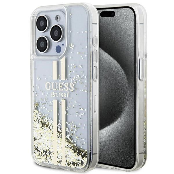Guess Liquid Glitter Gold Stripes Suojakuori iPhone 15 Pro:lle - läpinäkyvä