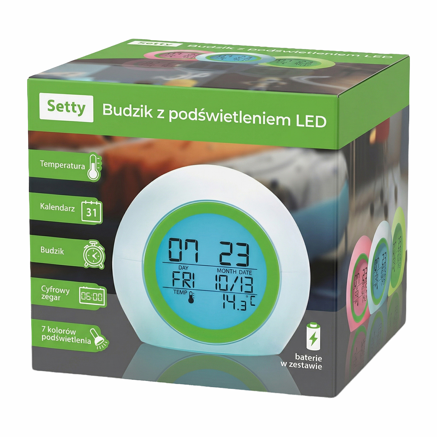 Setty herätyskello LED-valolla, vihreä
