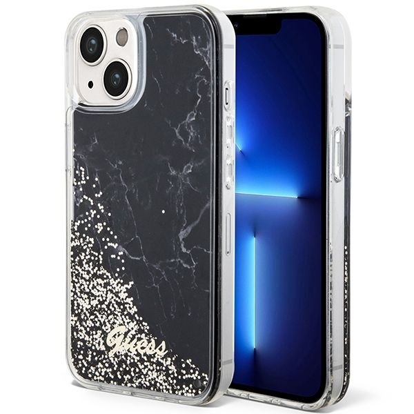 GUESS Suojakuori iPhone 13 / 14 / 15:lle GUHCP14SLCSGSGK (Liquid Glitter Marble) musta