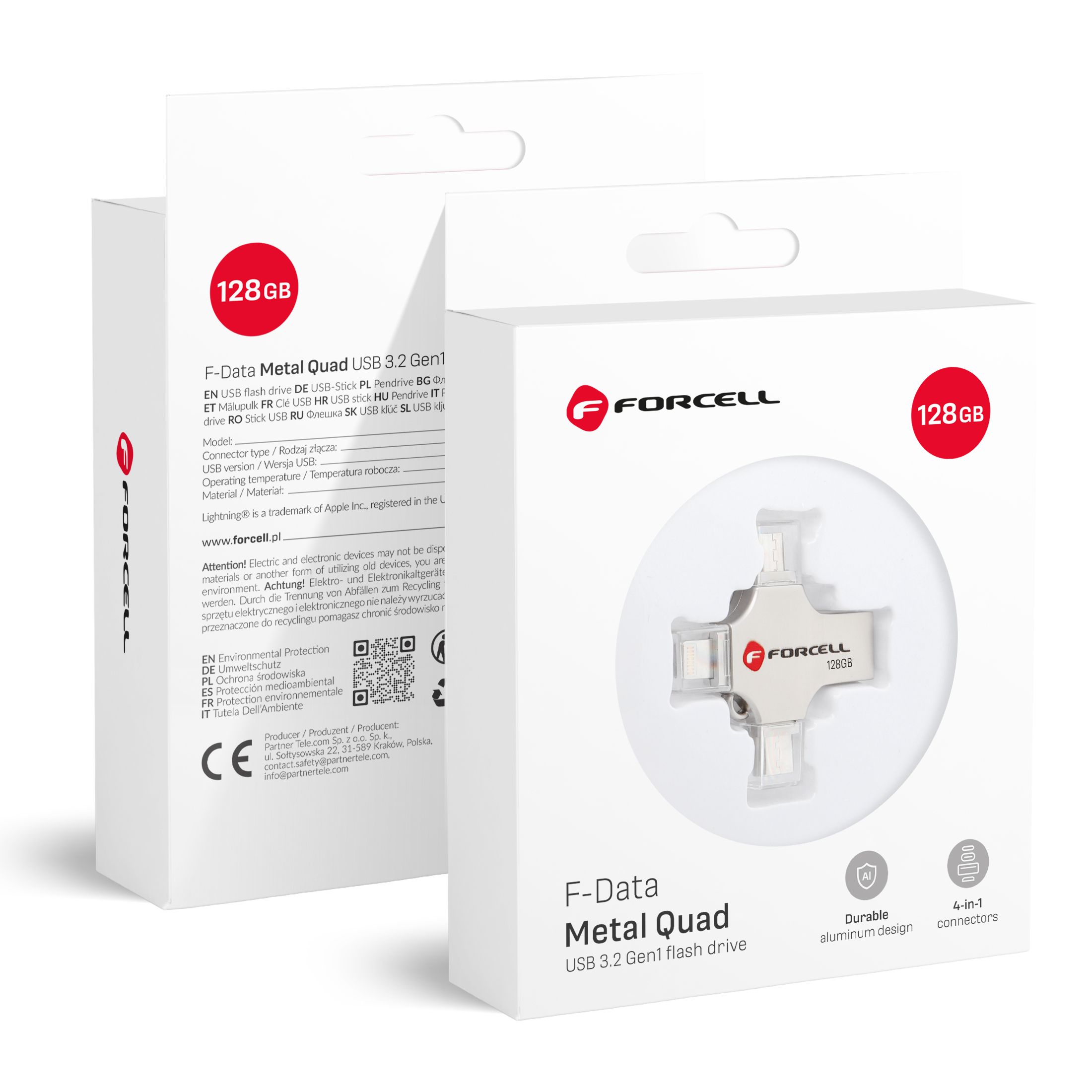 Pendrive 128GB USB 3.2 Gen 1 (USB A / USB C / Lightning / Micro USB) Forcell F-Data Metal Quad hopeinen