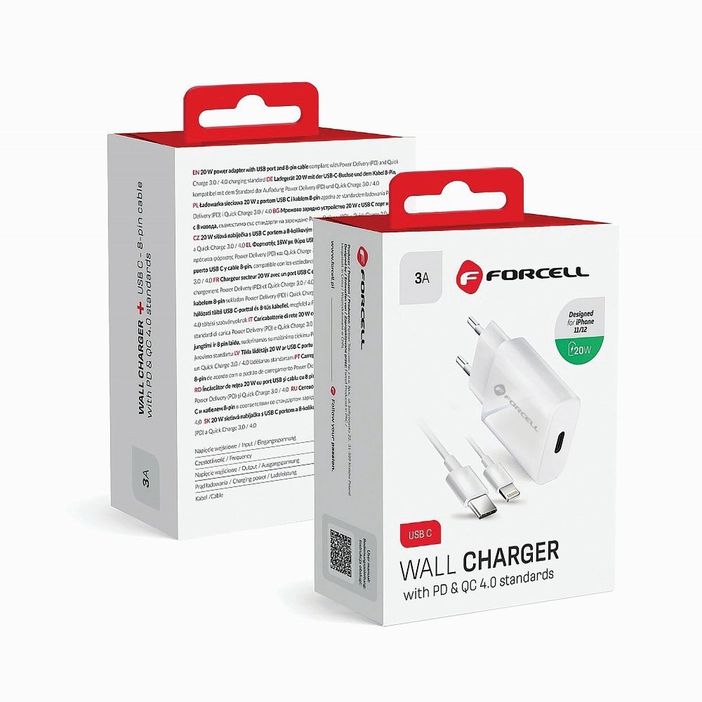 Puhelinlaturi Forcell F-Energy USB C QC4.0 PD 3A 20W + kaapeli USB C - Lightning TFK-TC-20WPD valkoinen