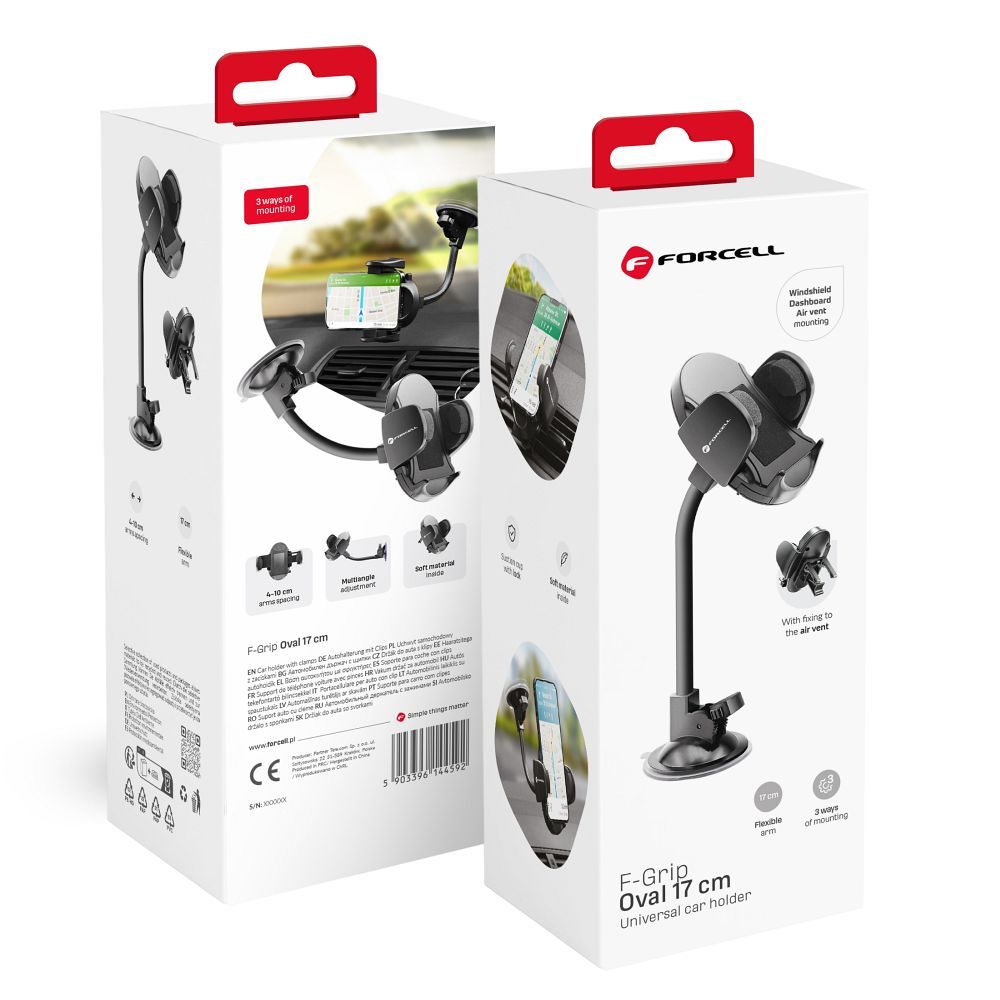 Autopidike puhelimelle Forcell F-Grip Oval 17 cm tuulilasiin / kojelautaan / tuuletusaukkoon musta