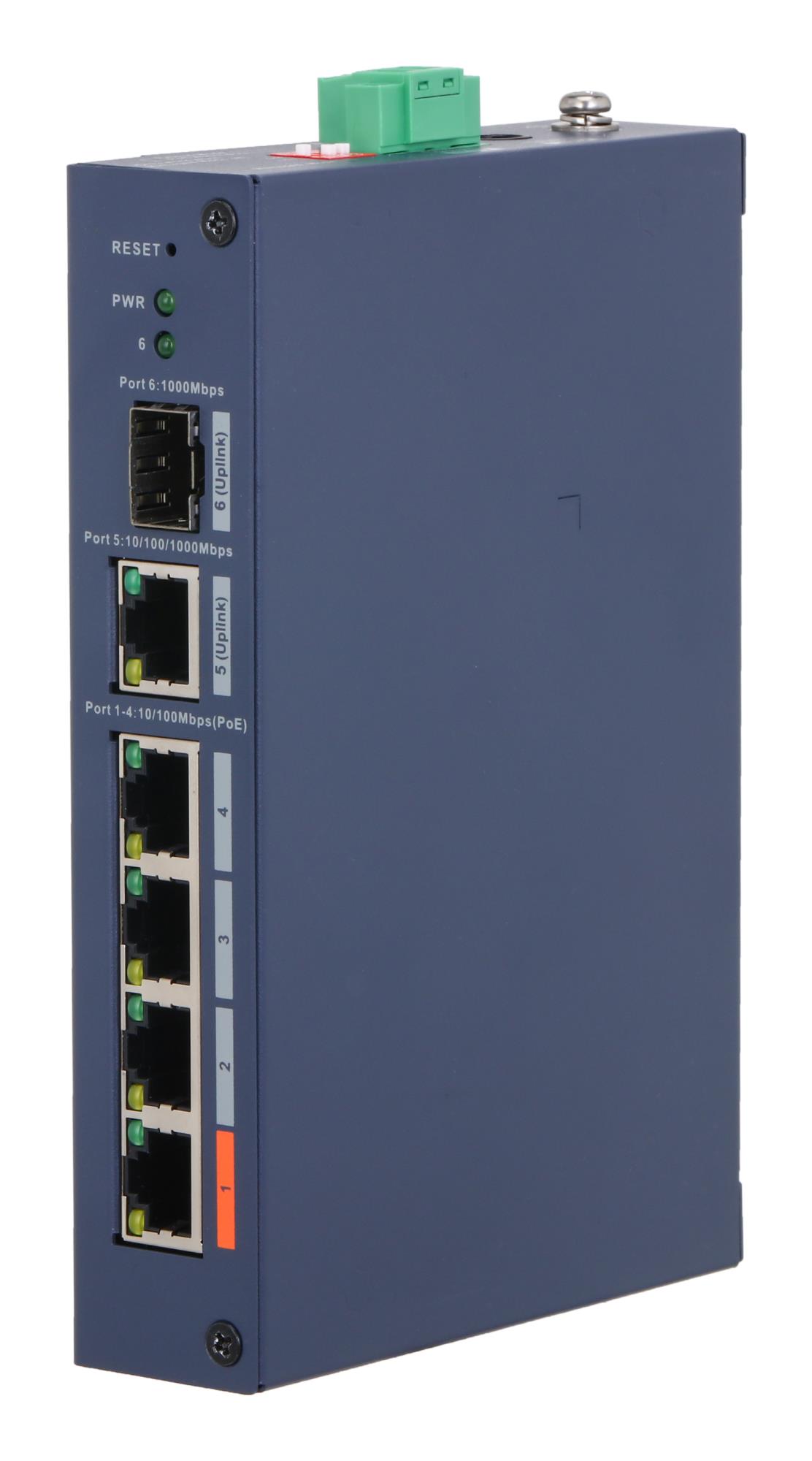 Dahua hallittava L2-kytkin pöytämalli, 4xRJ-45 Fast Ethernet (10/100), 4 Fast Ethernet -kupariporttia, 1 Gigabit Ethernet -kupariportti, 1 SFP-moduulipaikka, 1 kuituyhteysportti