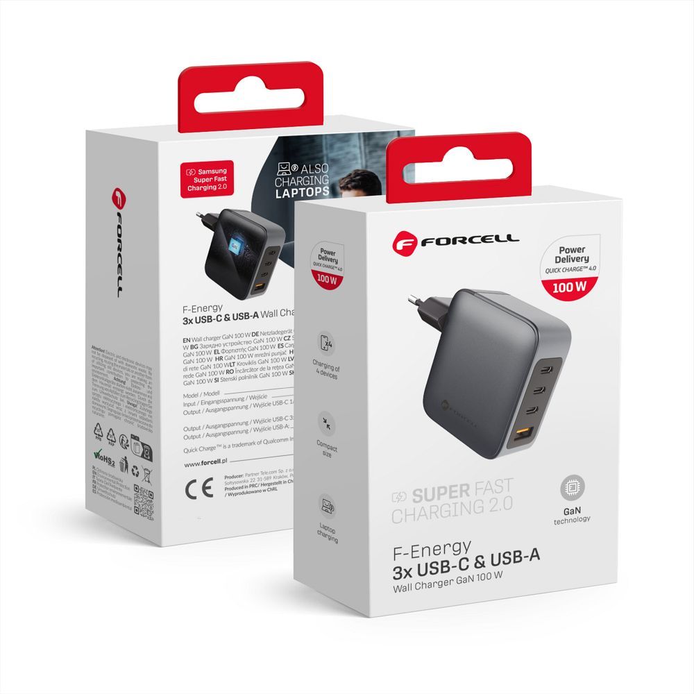 Puhelinlaturi Forcell F-Energy GaN 3 x USB C + USB A QC4.0 PD 5A 100W VT-46 harmaa