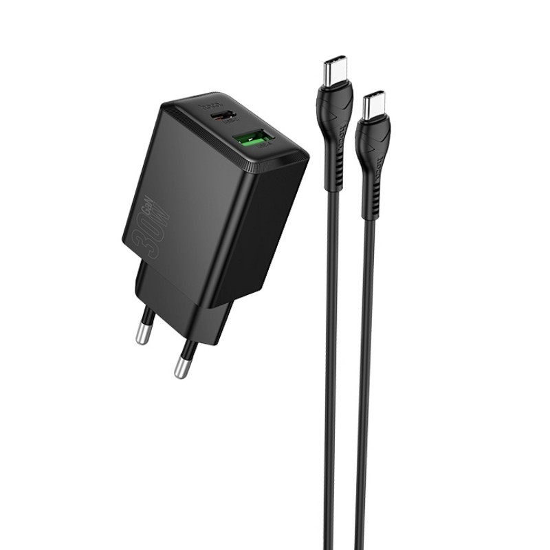 Charger Hoco N71 30W GaN USB-C/USB-A + USB-C to USB-C cable 1.0m black