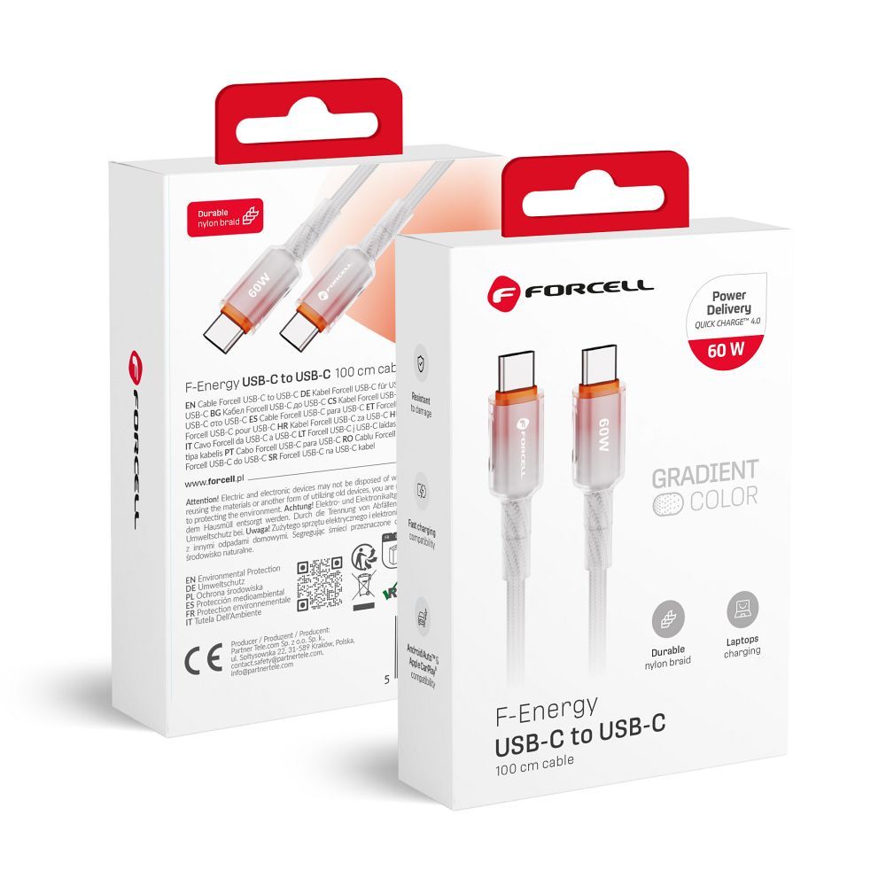 Kaapeli FORCELL F-ENERGY C354 liukuväri Type-C - Type-C QC4.0 PD 3A 60W 1 m valkoinen