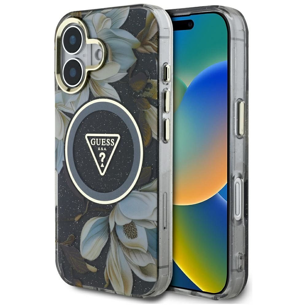 Guess suojakuori iPhone 16:lle MagSafe-tuella GUHMP16SHFLPEDK (IML Metal Glitter Flowers Triangle) - musta