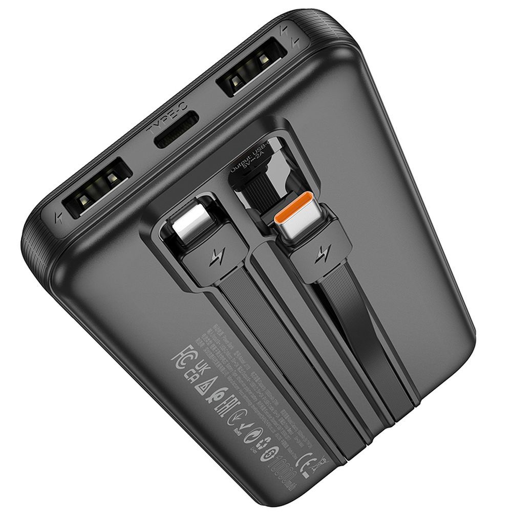 Varavirtalähde Hoco 10000 mAh 2A integroiduilla USB-C + Lightning -kaapeleilla J118 musta