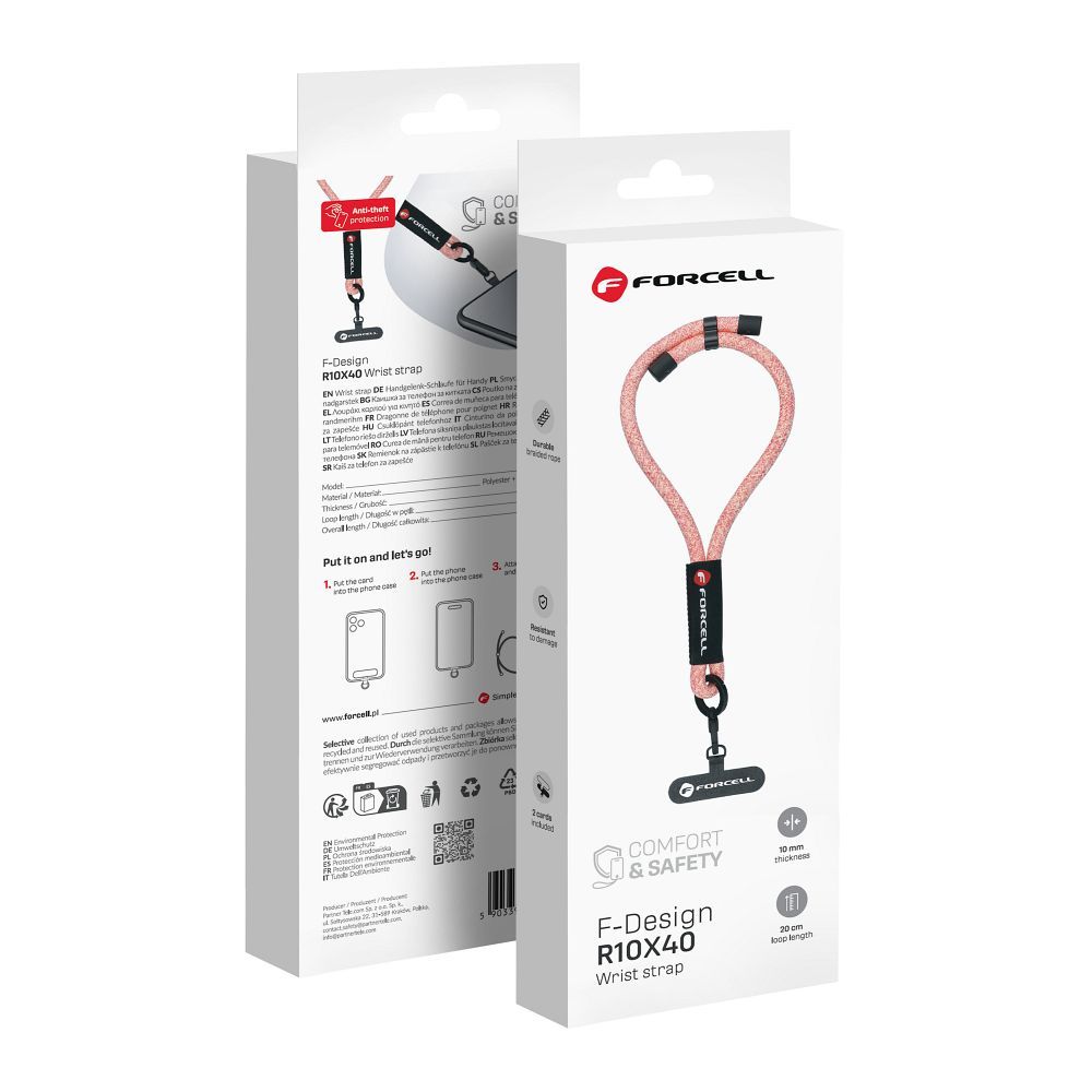 Forcell F-DESIGN R10X40 rannehihna puhelimelle säädettävällä pituudella (max 20cm silmukassa) vaaleanpunainen valkoinen