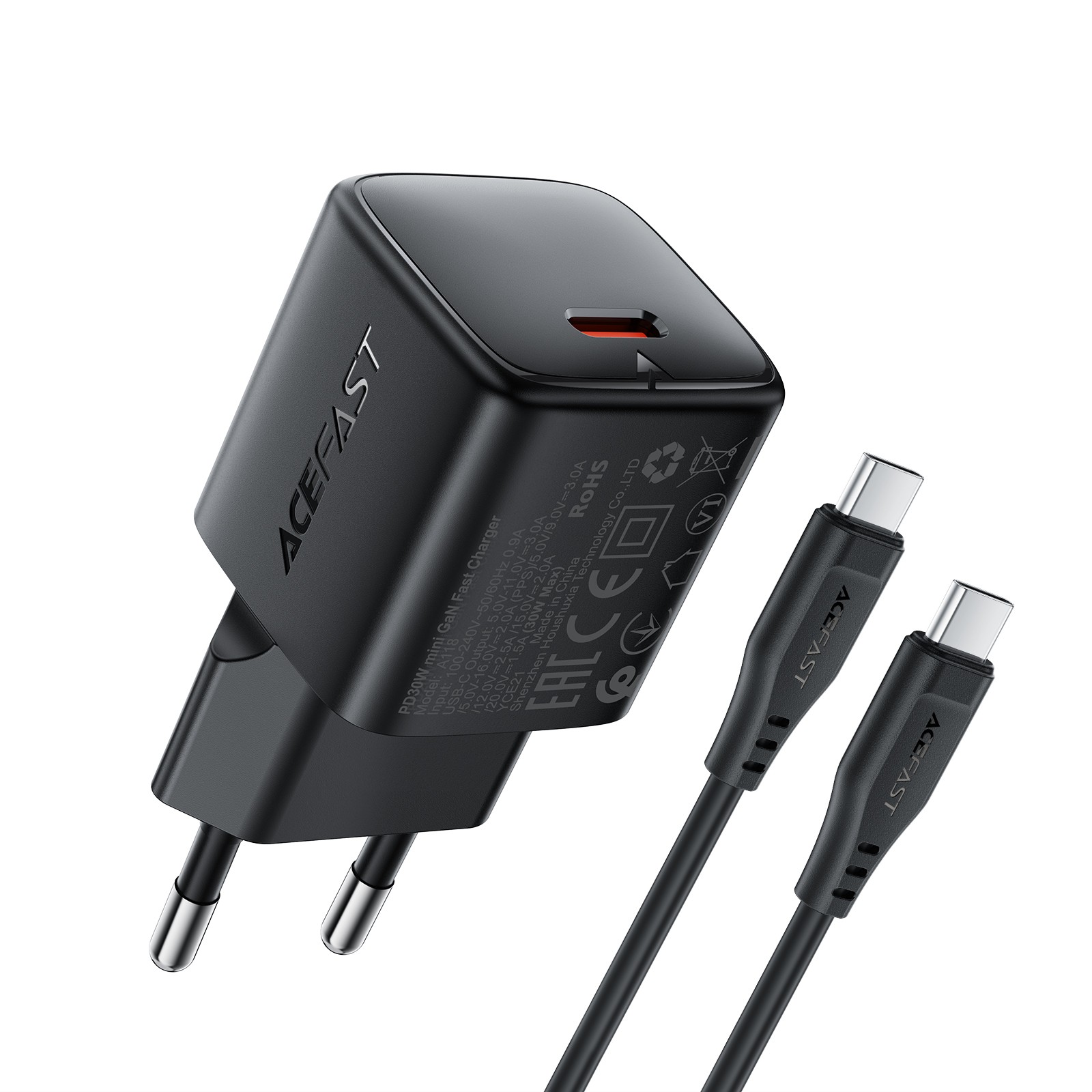 Charger Acefast A118 30W GaN USB-C + USB-C to USB-C cable 1.2m black