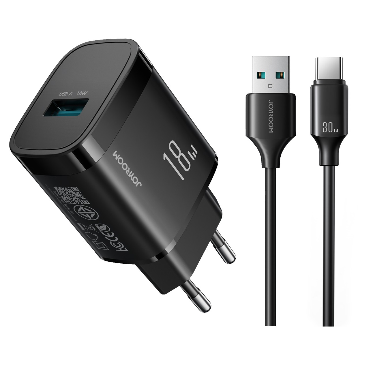 Joyroom JR-TF4 18W wall charger with 3A USB-A - USB-C 1m cable - black