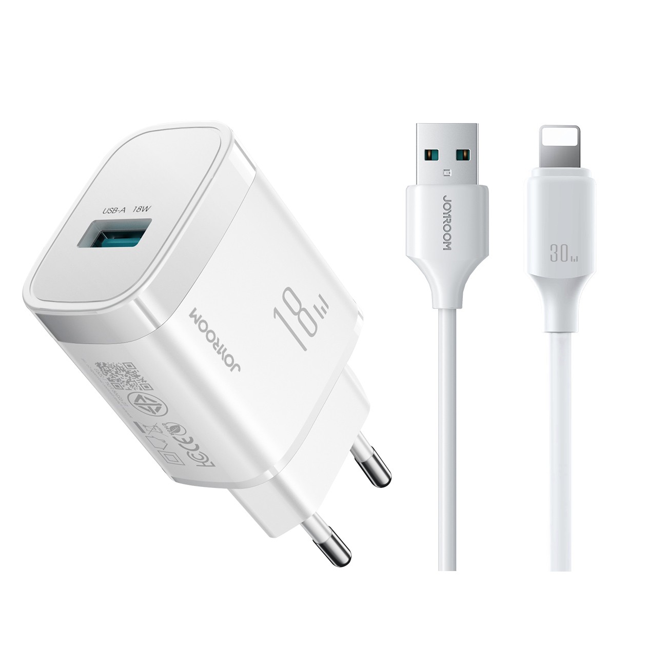 Laturi Joyroom JR-TF4 18W USB-A + USB-A Lightning Kaapeli 1.0m valkoinen