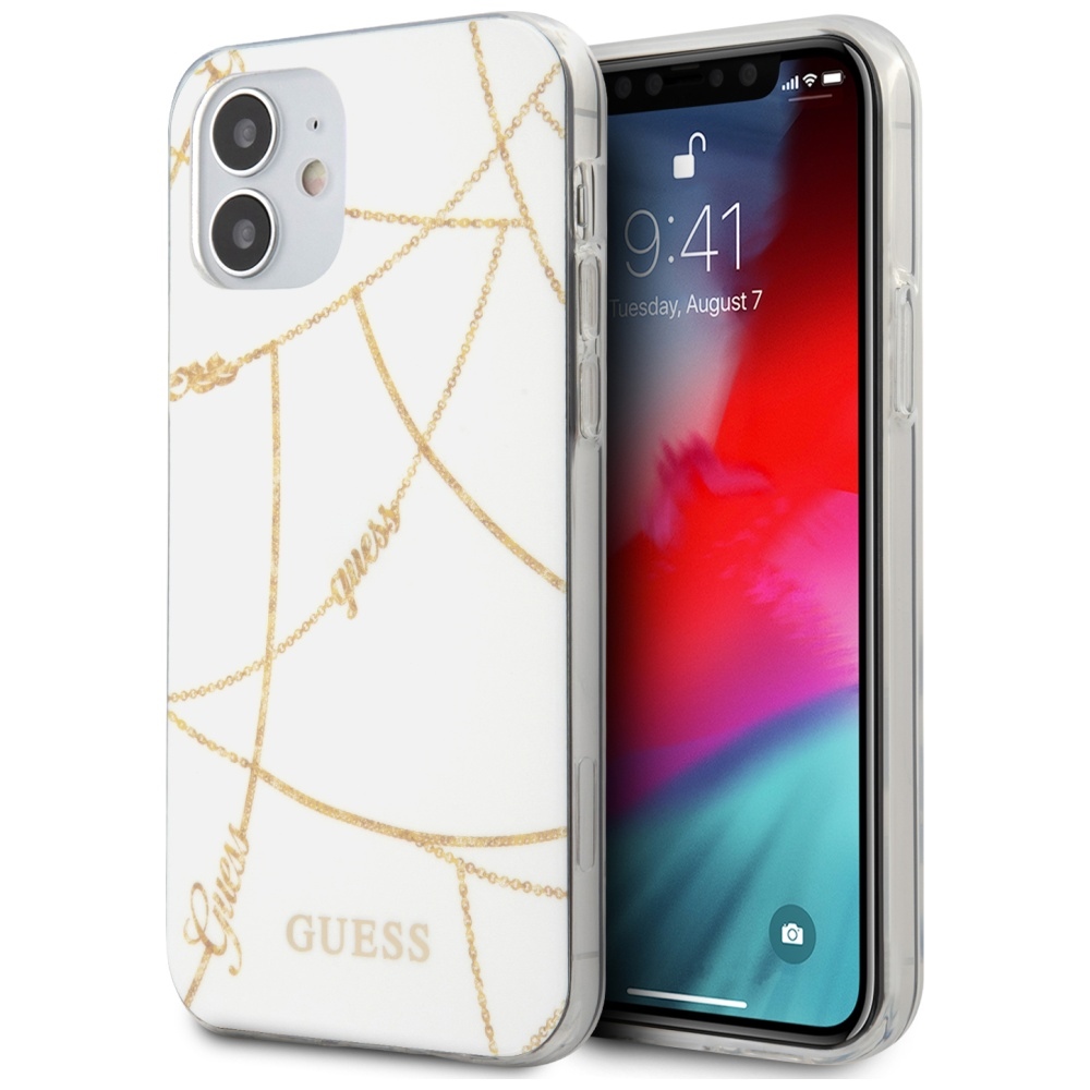 Guess GUHCP12SPCUCHWH iPhone 12 mini 5.4" valkoinen/valkoinen kovakotelo kultaketju mallisto