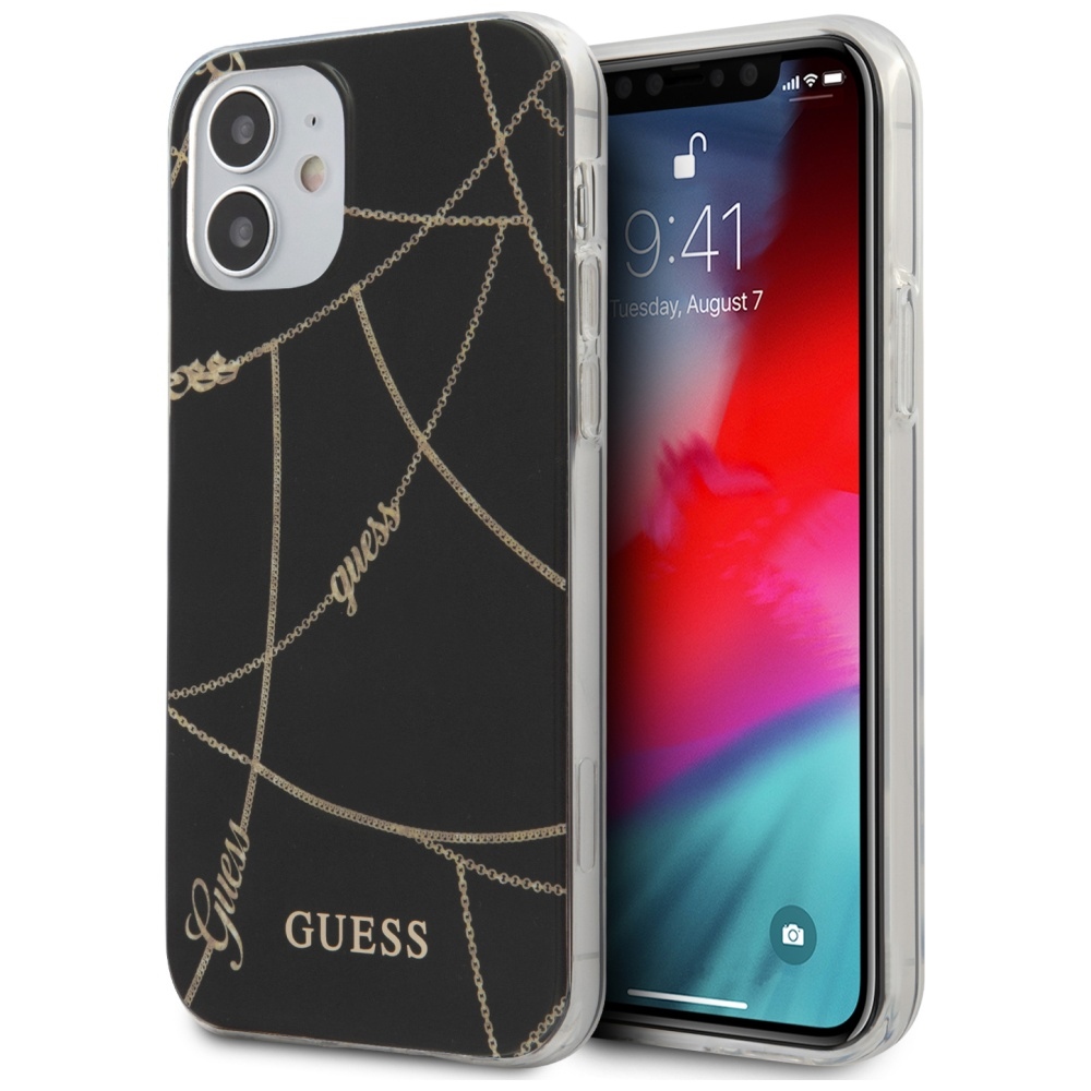 Guess GUHCP12SPCUCHBK iPhone 12 mini 5.4" musta/musta kovakotelo Kultaketju-mallisto