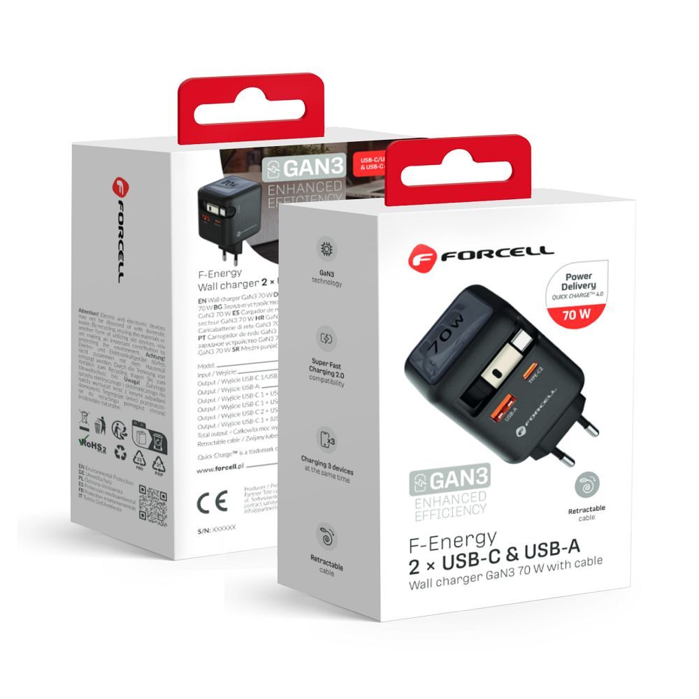 Puhelinlaturi Forcell F-Energy GaN USB C + USB A + sisäänvedettävä USB C PD QC4.0 3A 70W VT-R7 kaapeli harmaa