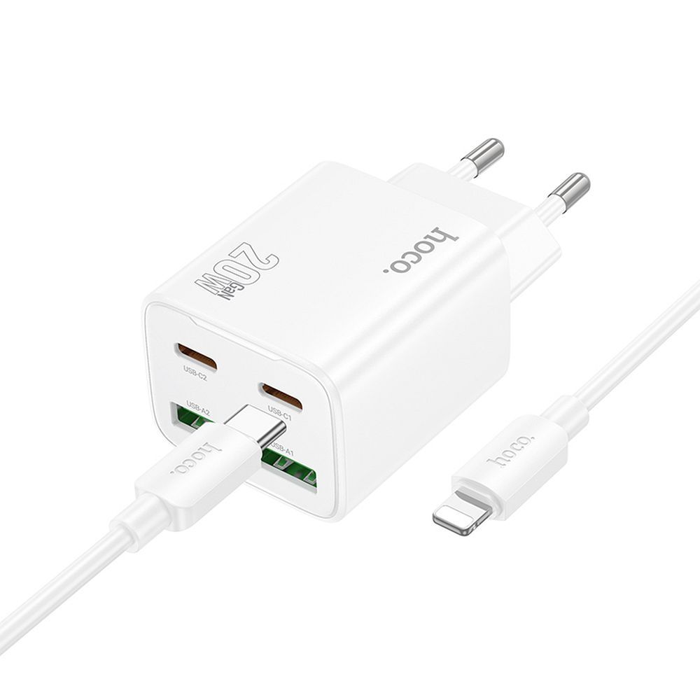 Puhelinlaturi Hoco 2 x USB-C + 2 x USB-A QC3.0 PD 3A 20W + USB-C - Lightning -kaapeli N55 valkoinen