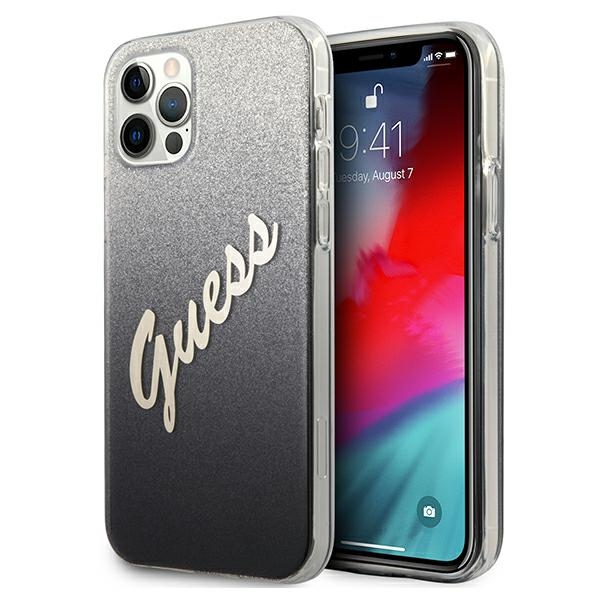 Guess GUHCP12LPCUGLSBK iPhone 12 Pro Max 6.7" musta/musta kovakotelo Glitter Gradientti Script