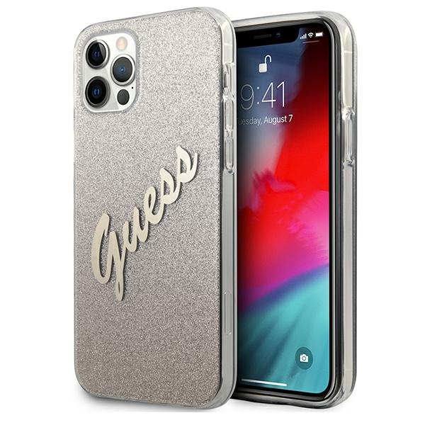 Guess GUHCP12LPCUGLSGO iPhone 12 Pro Max 6.7" kultainen/kultainen kovakotelo Glitter Gradientti Script