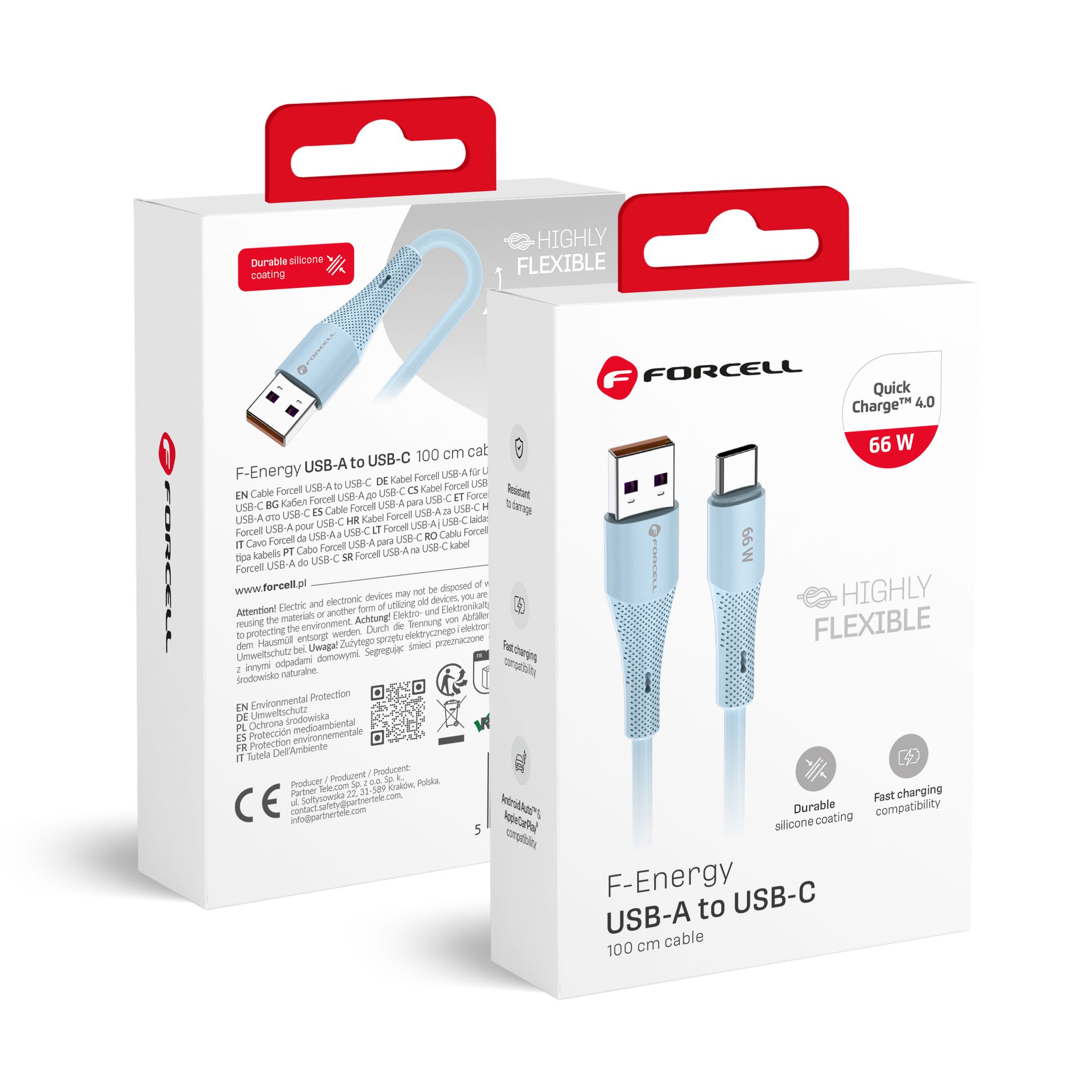 Kaapeli USB A - USB C Forcell F-Energy QC4.0 3A 66W Silicone 1 m C342 sininen