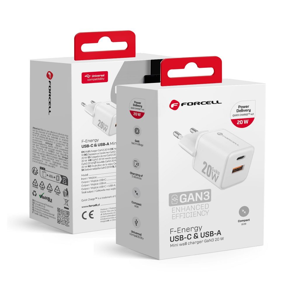Puhelinlaturi Forcell F-Energy Mini GaN III USB C + USB A QC4.0 PD 20W VT-35A valkoinen 0INT