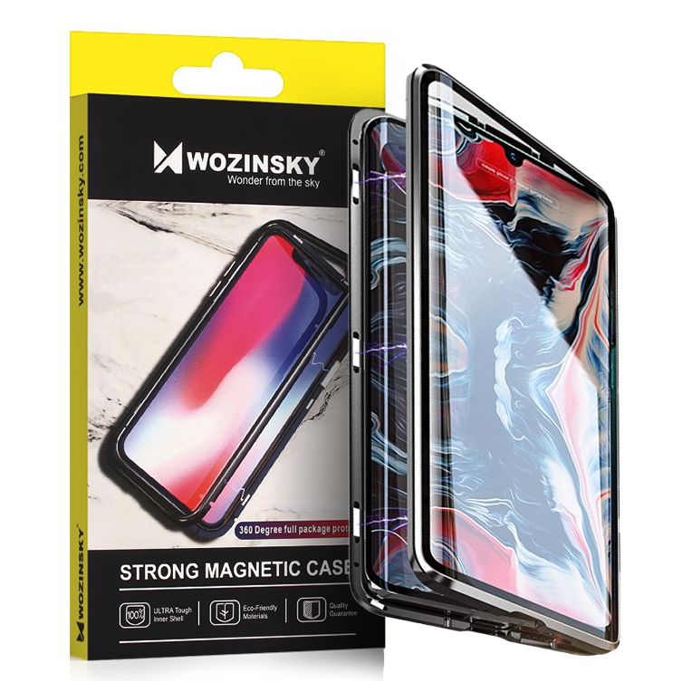 Wozinsky Full Magnetic Case Full Body etu- ja takakuori sisäänrakennettu lasi Samsung Galaxy A72 4G musta läpinäkyvä musta läpinäkyvä