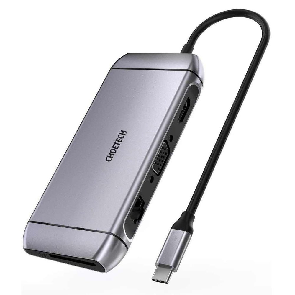 Choetech 9in1 monitoiminen USB Type C HUB - 3x USB 3.2 Gen 1 / SD ja TF muistikortinlukija / HDMI 4K 30Hz / VGA Full HD 60Hz / USB Type C / RJ45 harmaa (HUB-M15 gray)