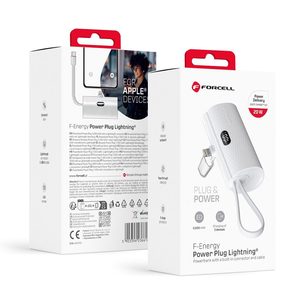 Ulkoinen akku Forcell F-Energy Power Plug F5K3 PD 20W 5000 mAh sisäänrakennetulla Lightning-liittimellä valkoinen