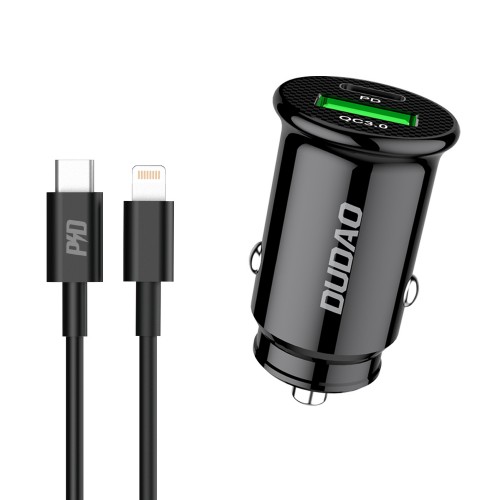 Autolaturi Dudao R3PRO musta (1xUSB / 1xUSB-C / 18W) + Type-C / Lightning kaapeli