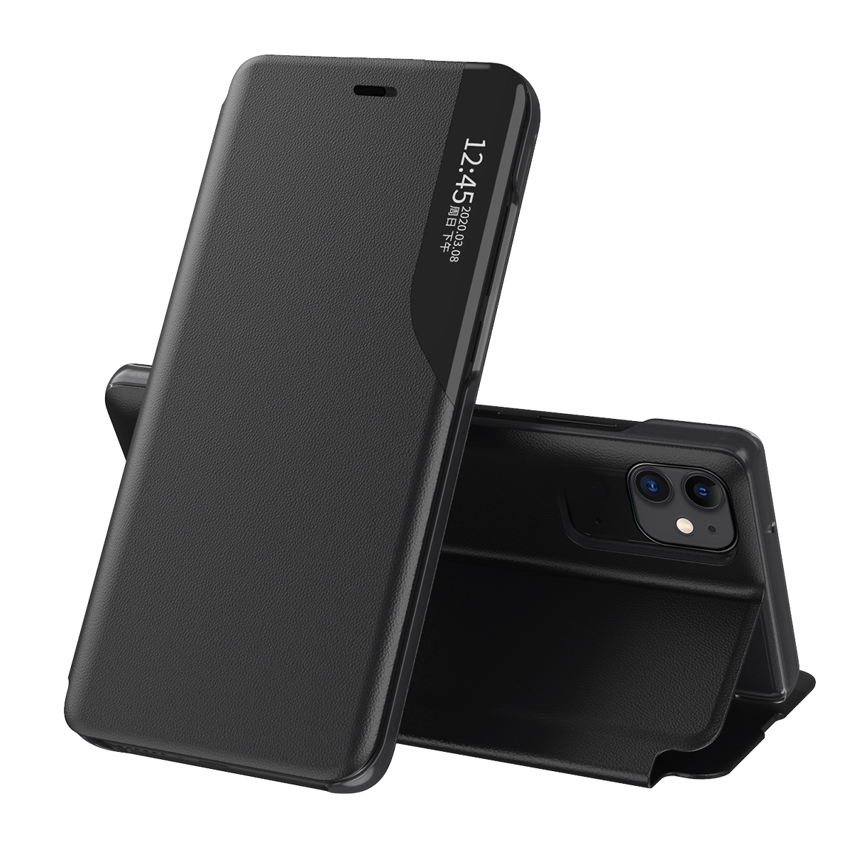 Eco Nahka View Case tyylikäs kirjahylly tyyppi tapauksessa potkuteline iPhone 13 Pro Max musta