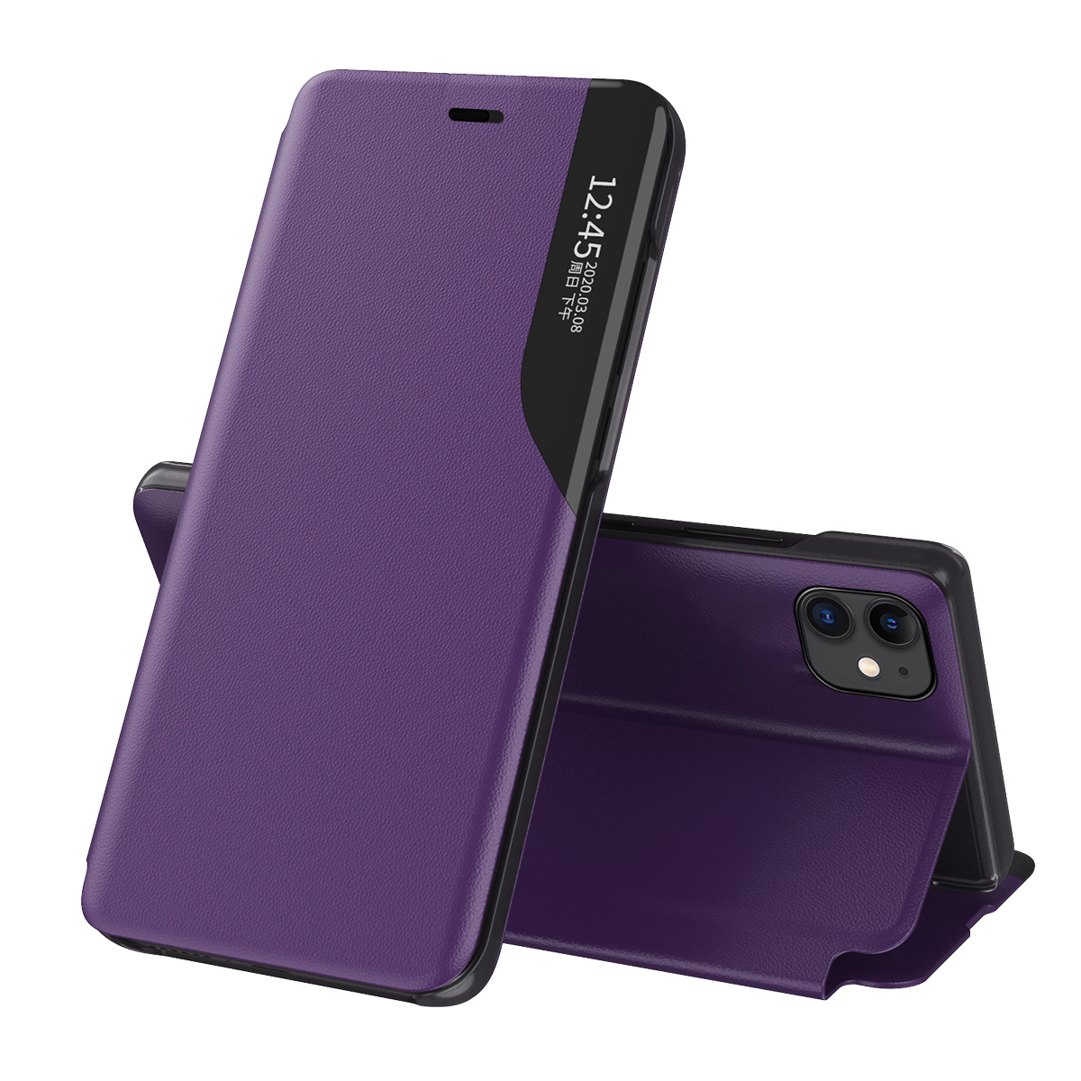 Eco Nahka View Case tyylikäs kirjahylly tyyppi tapauksessa jalusta iPhone 13 Pro Max violetti