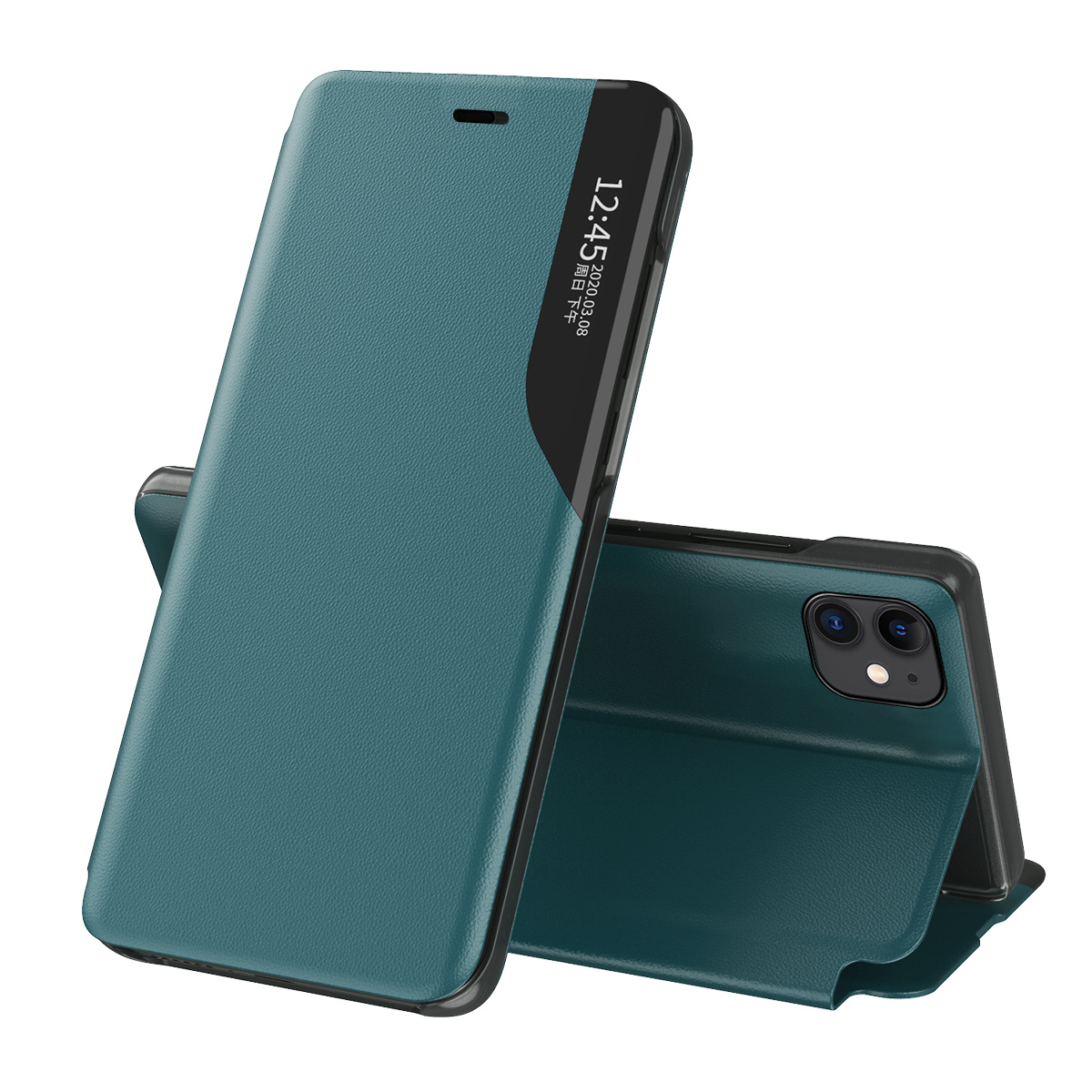 Eco Nahka View Case tyylikäs kirjahylly tyyppi tapauksessa potkuteline iPhone 13 Pro vihreä