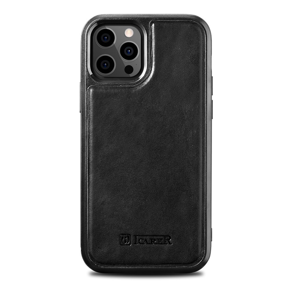 iCarer Nahka Öljyvaha kotelo päällystetty luonnollisella nahalla iPhone 12 Pro Max musta (ALI1206-BK)
