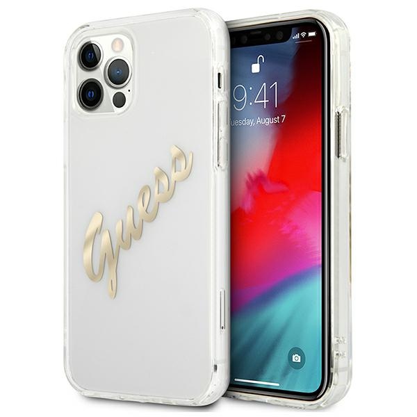 Guess GUHCP12LKTRSVGO iPhone 12 Pro Max 6.7" läpinäkyvä kovakotelo Vintage Script Kultaa