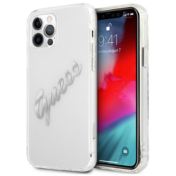 Guess GUHCP12LKTRSVSI iPhone 12 Pro Max 6.7" läpinäkyvä kovakotelo Vintage Script Hopea