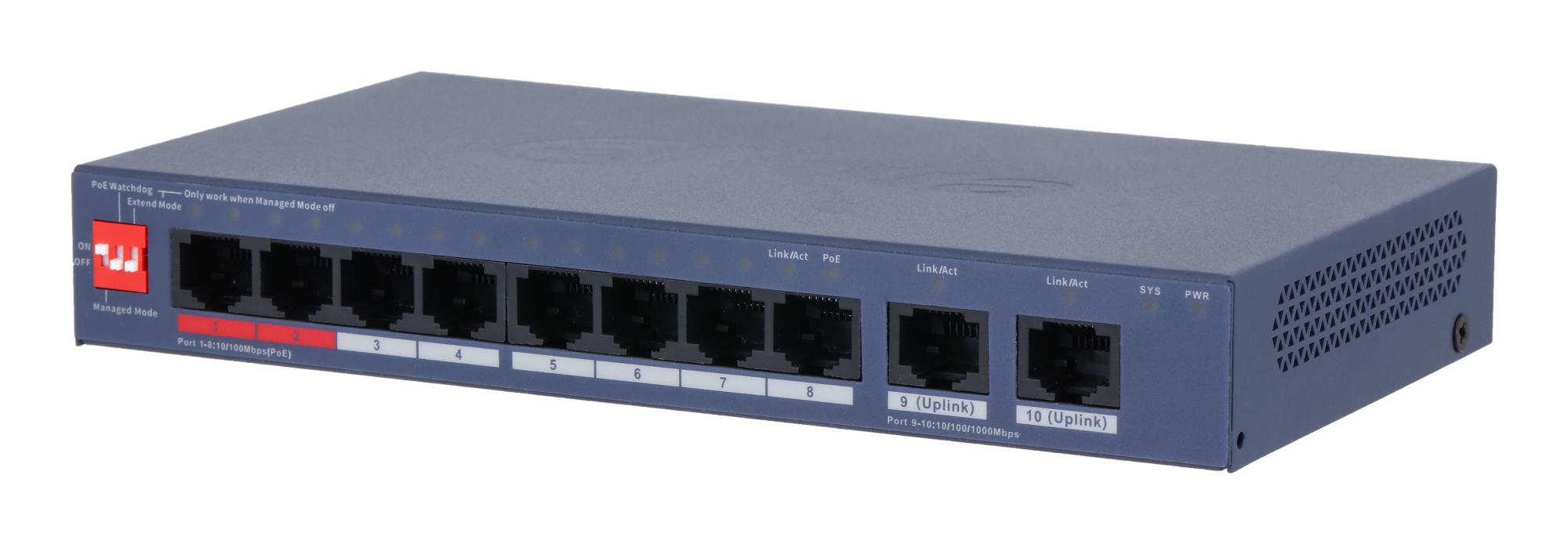 Kytkin DAHUA DH-CS4010-8ET2GT-110, kerros L2, 8xRJ-45-porttia, Fast Ethernet (10/100), 2xGigabit Ethernet (kupari) -porttia, 8xPoE-porttia, PoE-budjetti 110 W, CS4010-8ET2GT-110