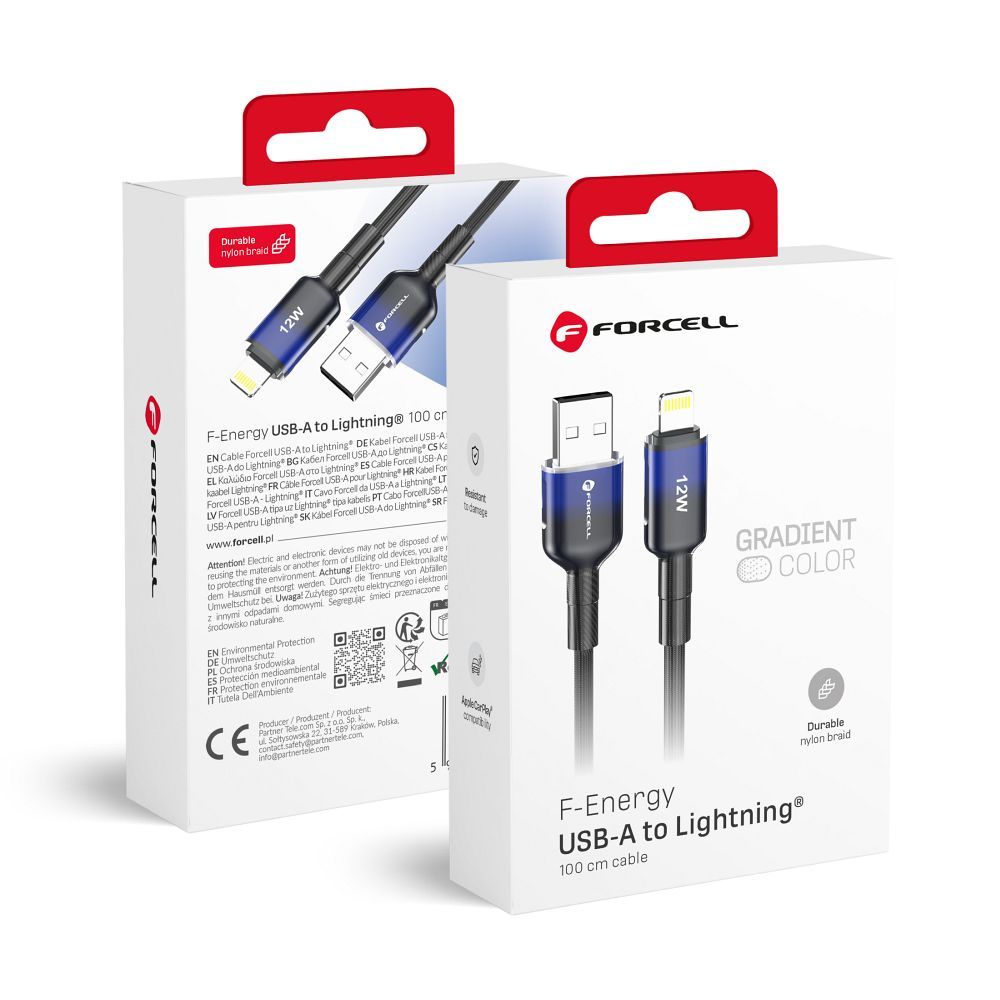 FORCELL F-ENERGY C353 USB-A - Lightning -kaapeli 2,4A 12W Gradient 1 m musta