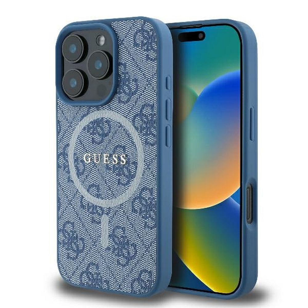 Guess Suojakuori iPhone 16 Pro:lle MagSafe-yhteensopiva GUHMP16LG4GFRB (PU 4G Ring Classic Logo) sininen