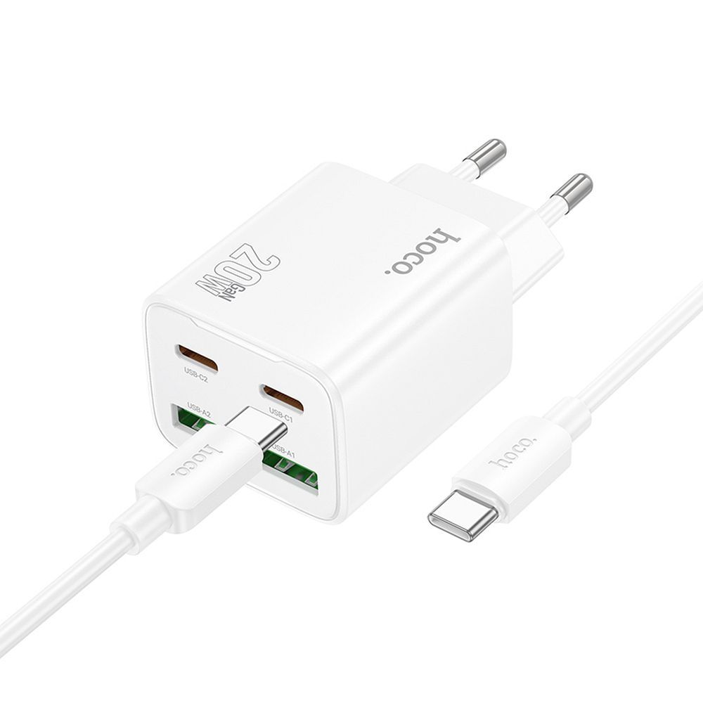 Puhelinlaturi Hoco 2 x USB C + 2 x USB A QC3.0 PD 3A 20W + kaapeli USB C - USB C N55 valkoinen
