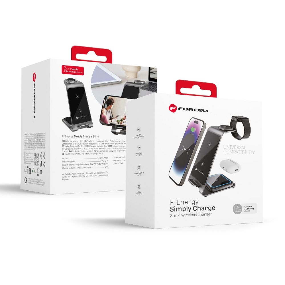 Forcell F-ENERGY Simply Charge 3in1 alumiini Apple Watch ja Samsung Watch -yhteensopiva harmaa