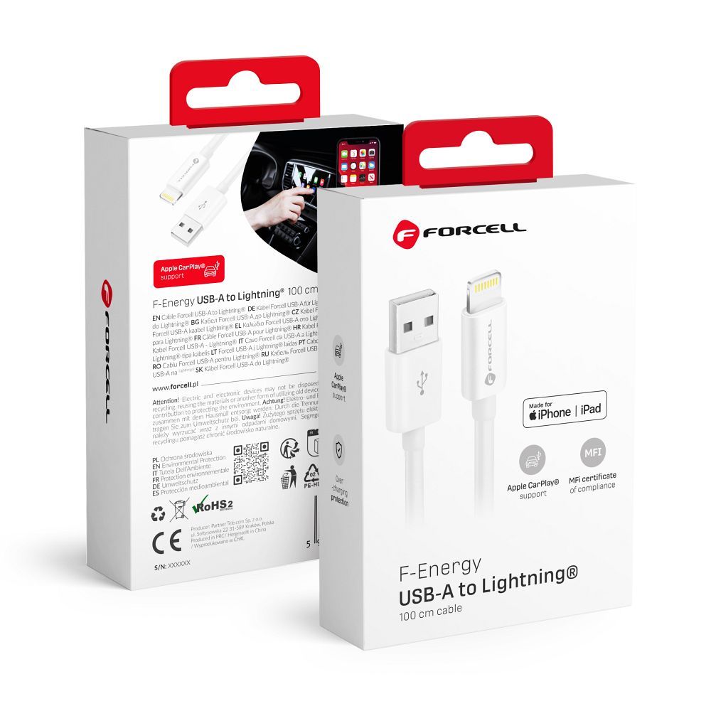 Kaapeli USB A - Lightning Forcell F-Energy MFi 2,4A 12W 1 m C703 valkoinen