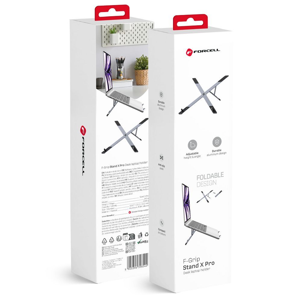 Pöytäteline kannettavalle tietokoneelle ja tabletille taitettava Forcell F-Grip Fold Stand X Pro harmaa