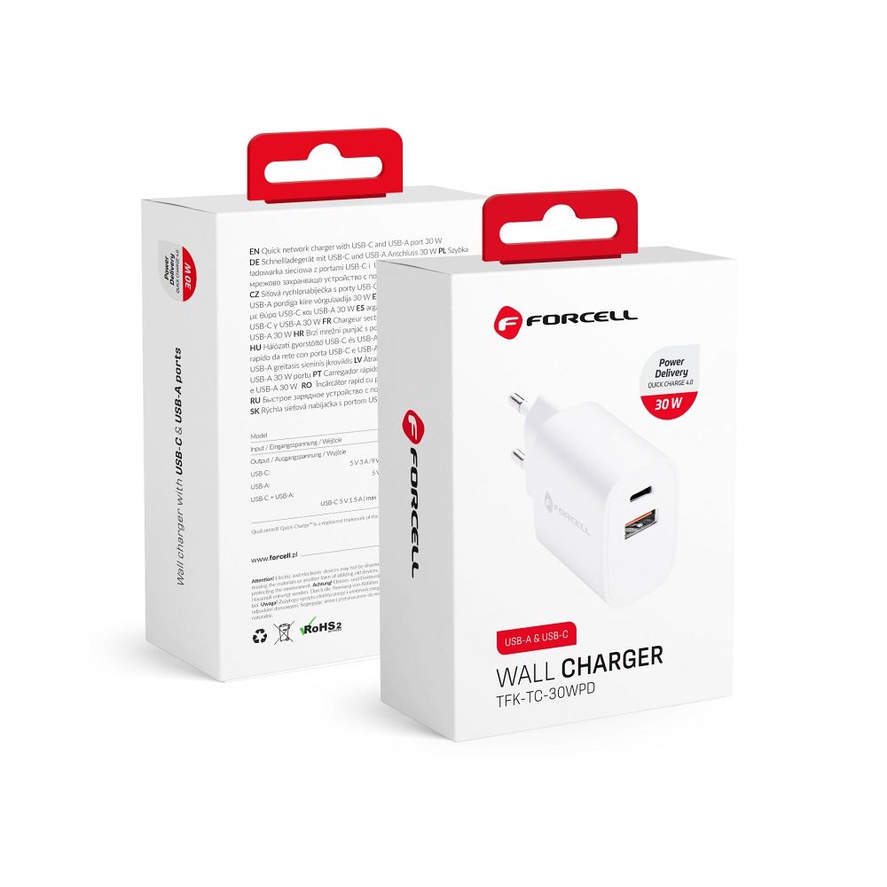 Puhelimen laturi Forcell F-Energy USB C + USB A QC4.0 PD 3A 30W TFK-TC-30WPD valkoinen