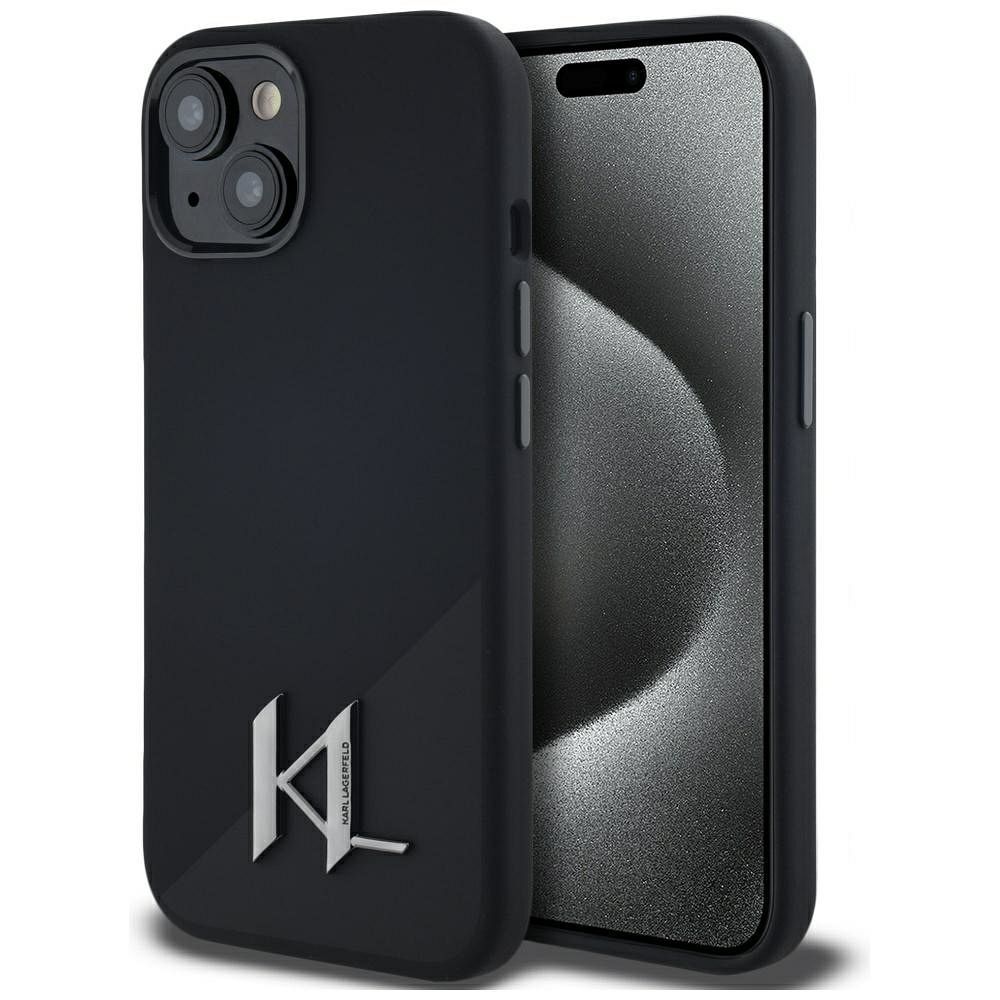 Karl Lagerfeld suojakuori iPhone 15:lle MagSafe-tuella KLHMP15SSCMKMPCK (Silicone Initial Metal Logo) - musta