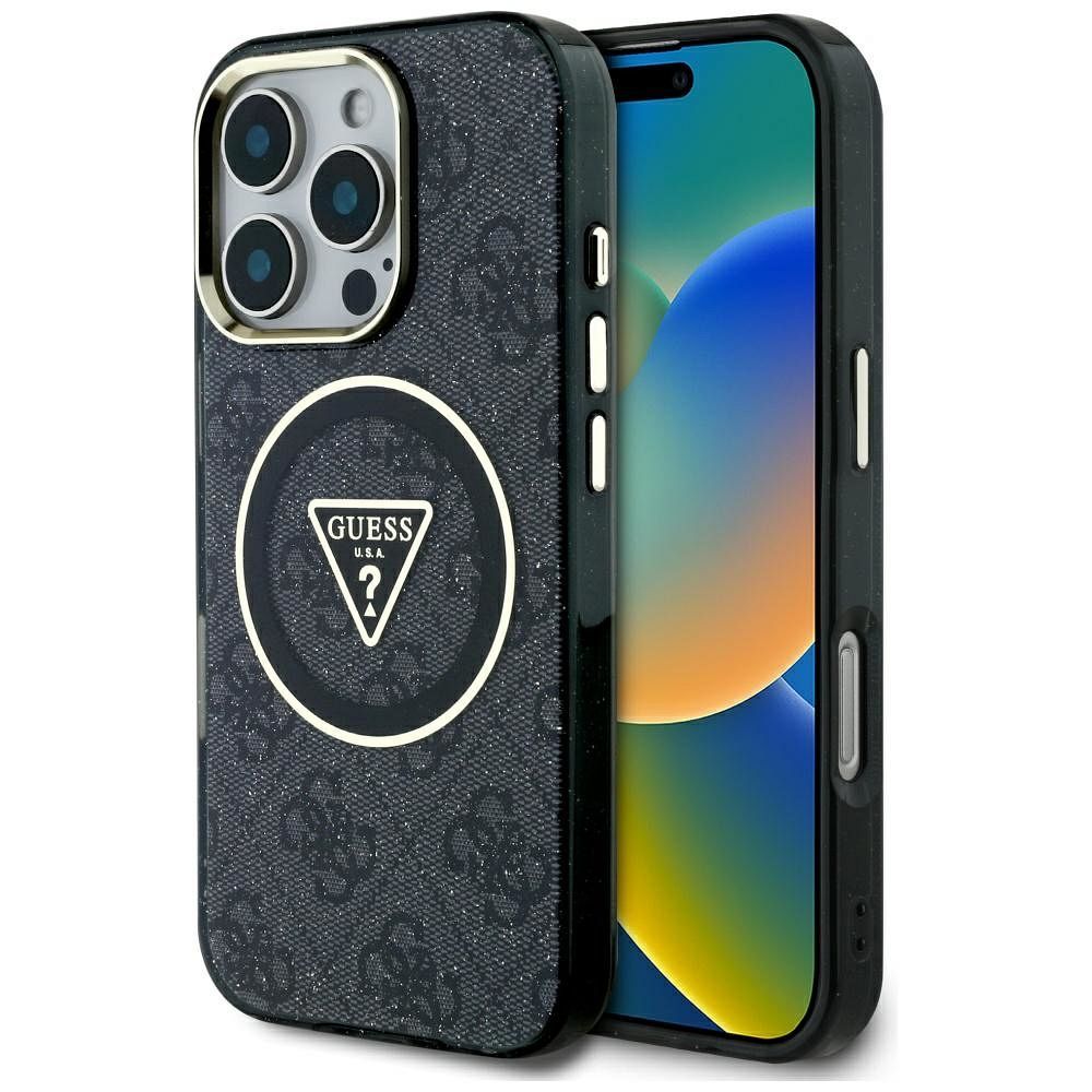 GUESS Suojakuori iPhone 16 Pro:lle MagSafe-yhteensopiva GUHMP16LHG4PRTGK (IML Metal Glitter 4G Circle Triangle) Musta