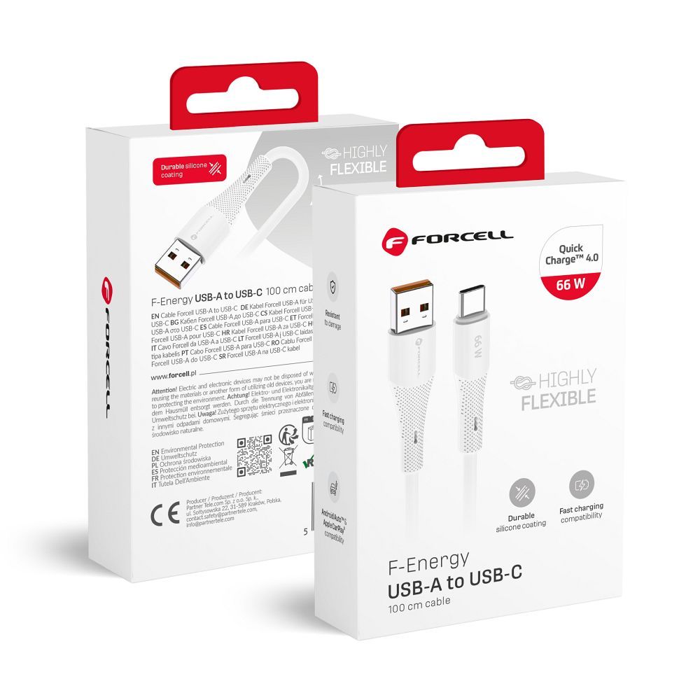 FORCELL F-ENERGY C342 kaapeli USB A - Type C QC4.0 3A 66W silikoninen 1 m valkoinen